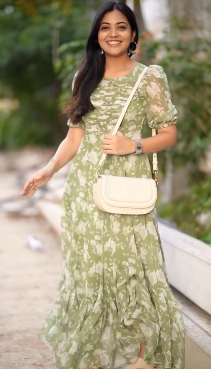 Green Fax Georgette Stunning Look Dress
