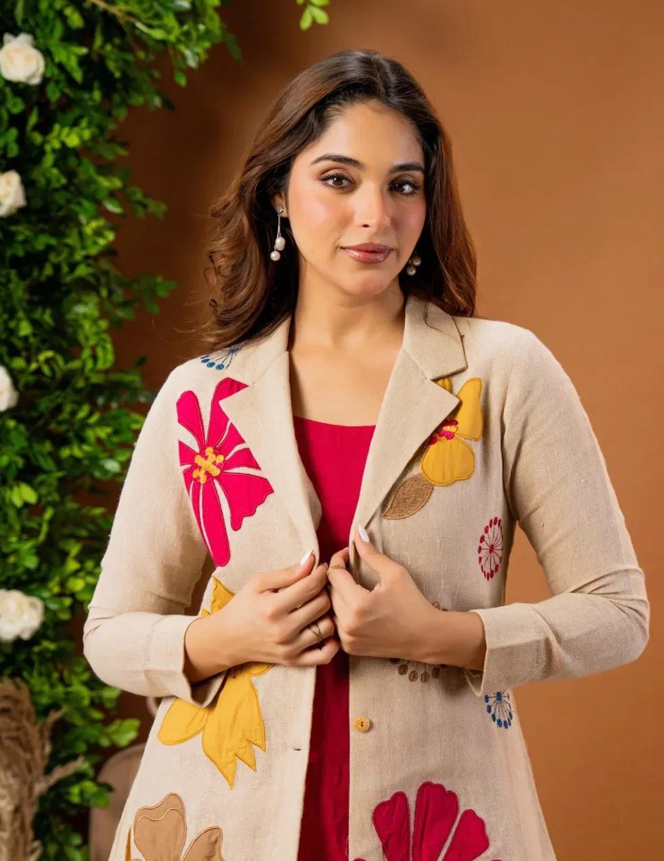 Beige Linen Co-Ord Set with Bold Floral Applique