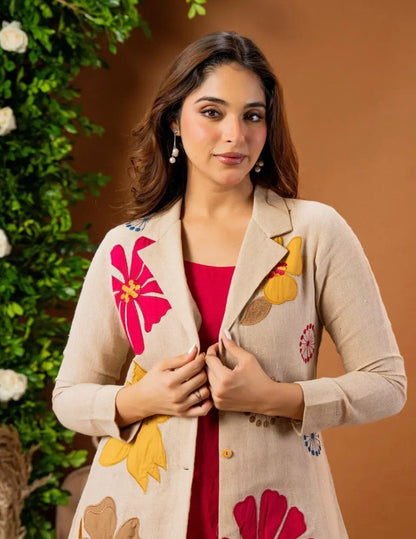 Beige Linen Co-Ord Set with Bold Floral Applique