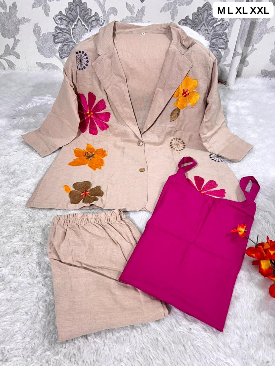 Beige Linen Co-Ord Set with Bold Floral Applique