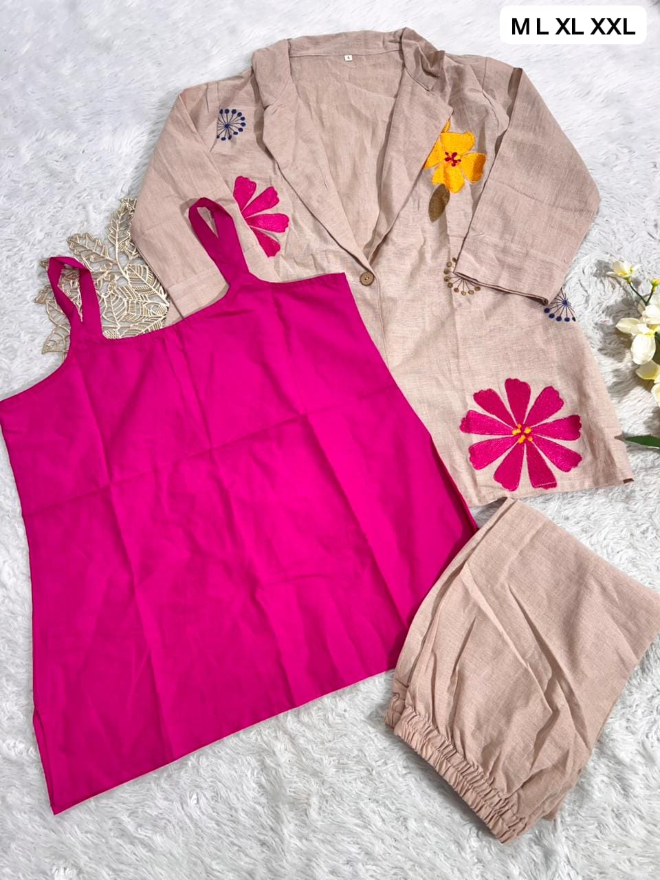 Beige Linen Co-Ord Set with Bold Floral Applique
