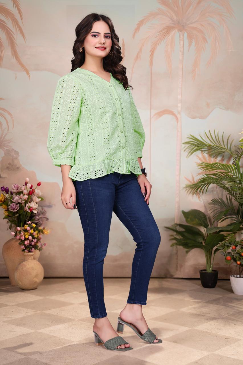 Light Green Embroidered Eyelet Cotton Shirt