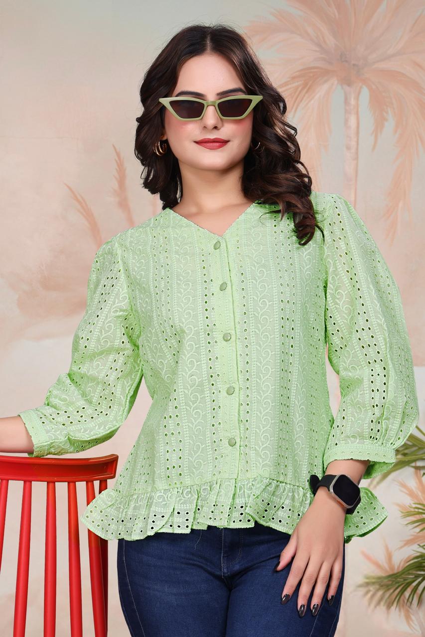 Light Green Embroidered Eyelet Cotton Shirt