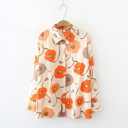 Beige & Orange Bloom Printed Long-Sleeve Shirt