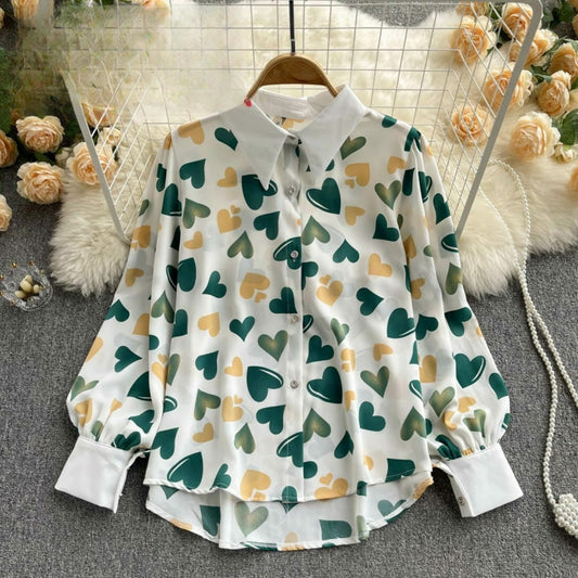 Green & Gold Heart Motif Casual Shirt for Women