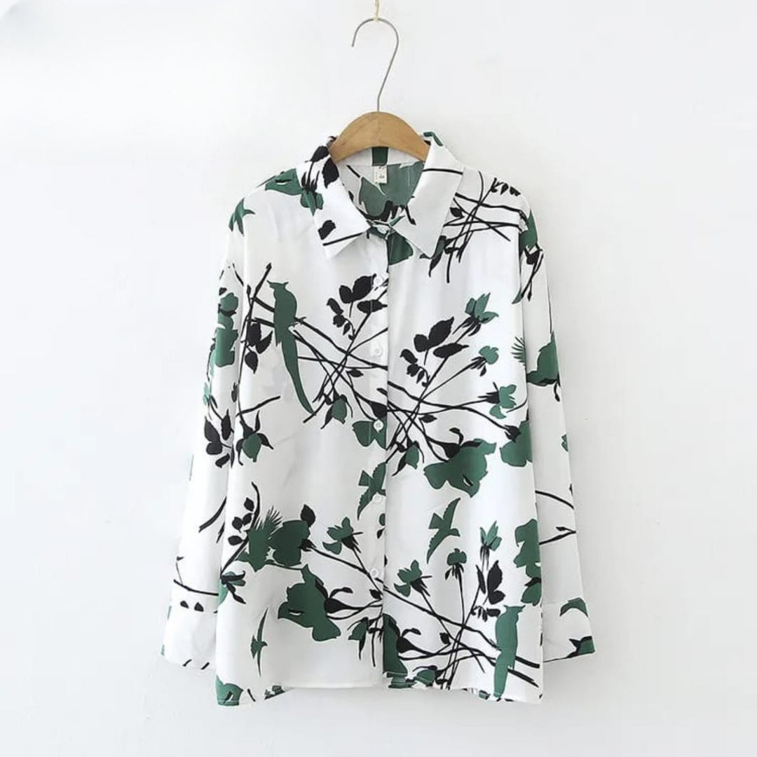 Green Leafy Sketch Collared Shirt