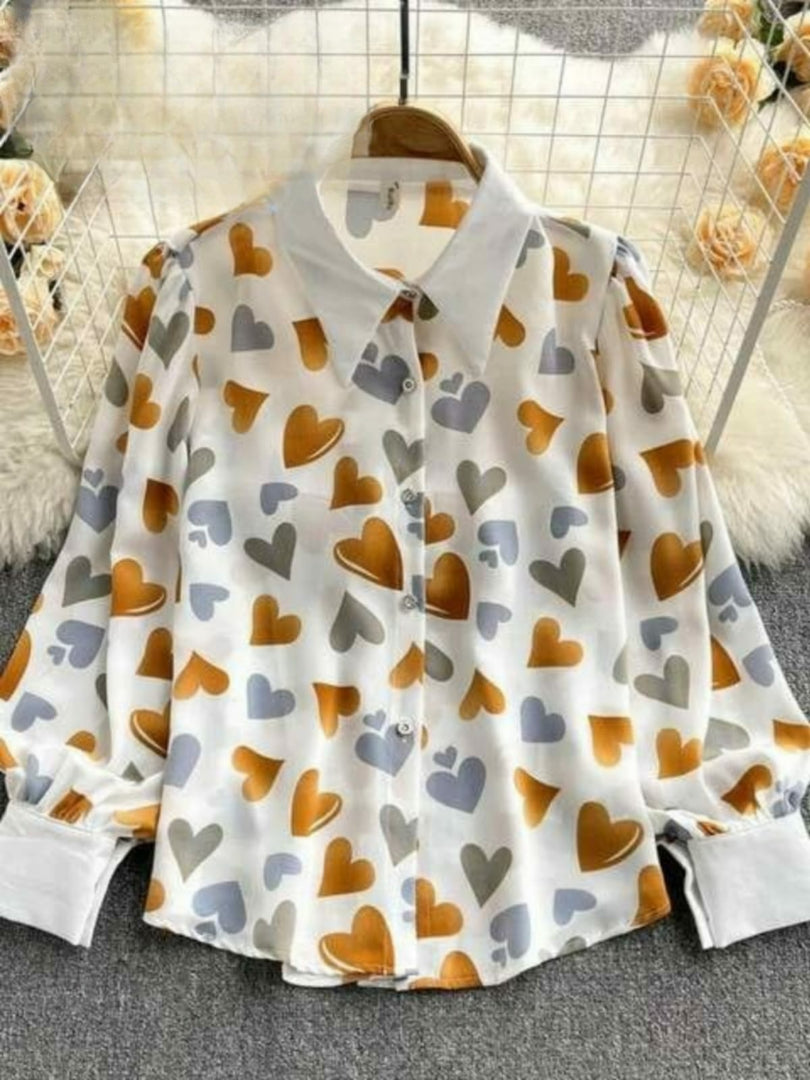 White Multicolor Heart Print Long Sleeve Shirt