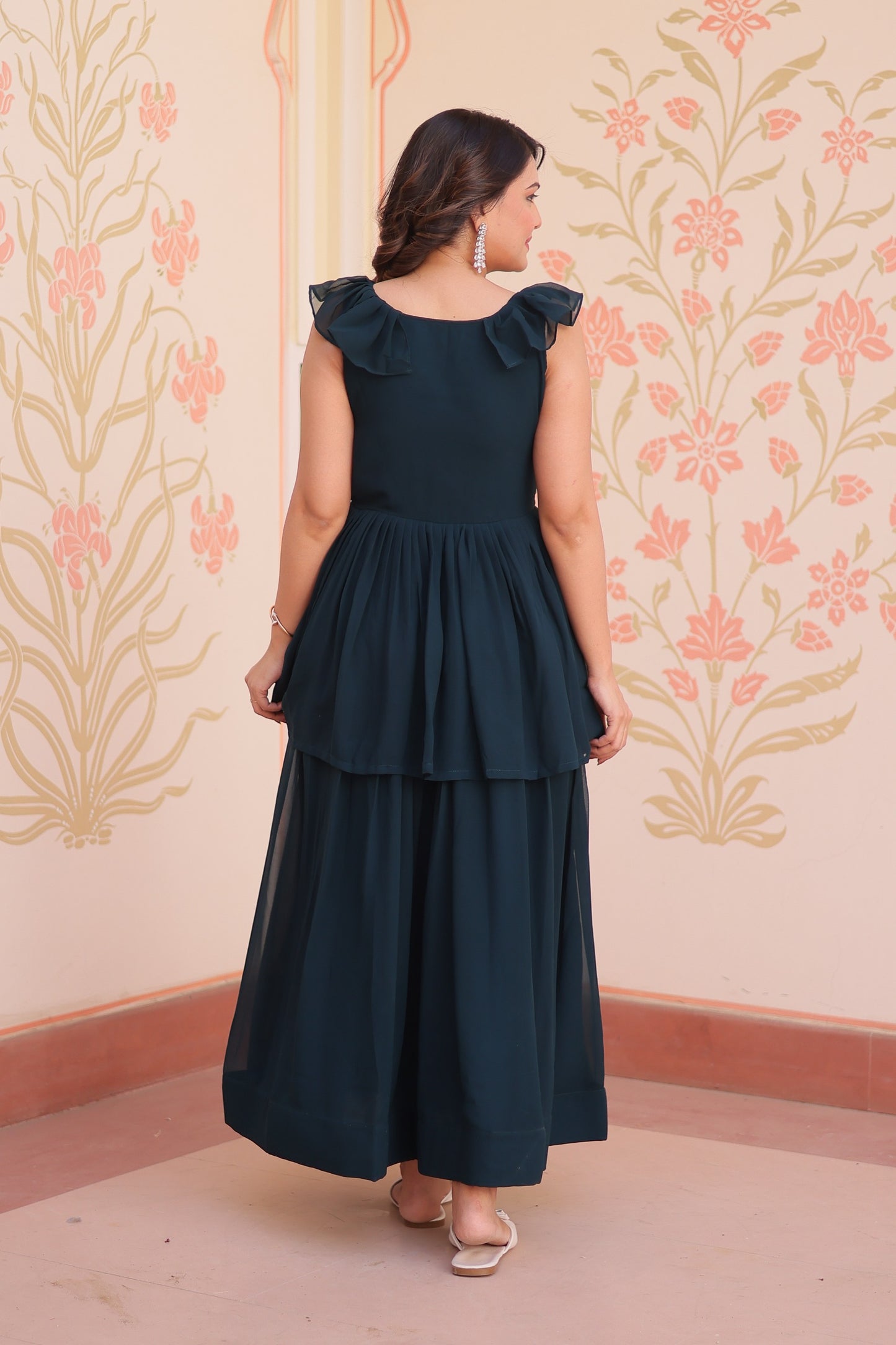 Teal Blue Layered Embroidered Work Gown