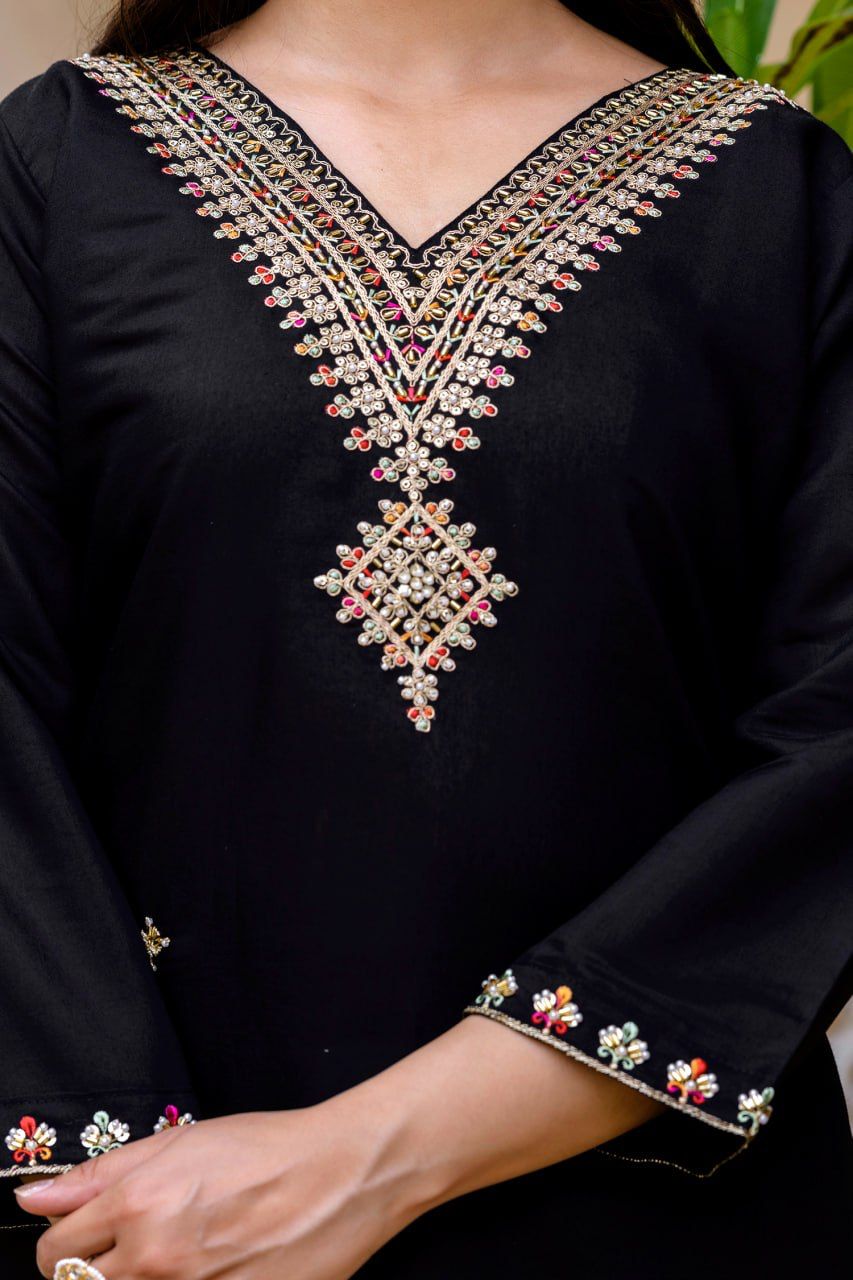 Black Embroidered V-Neck Kurti Pant