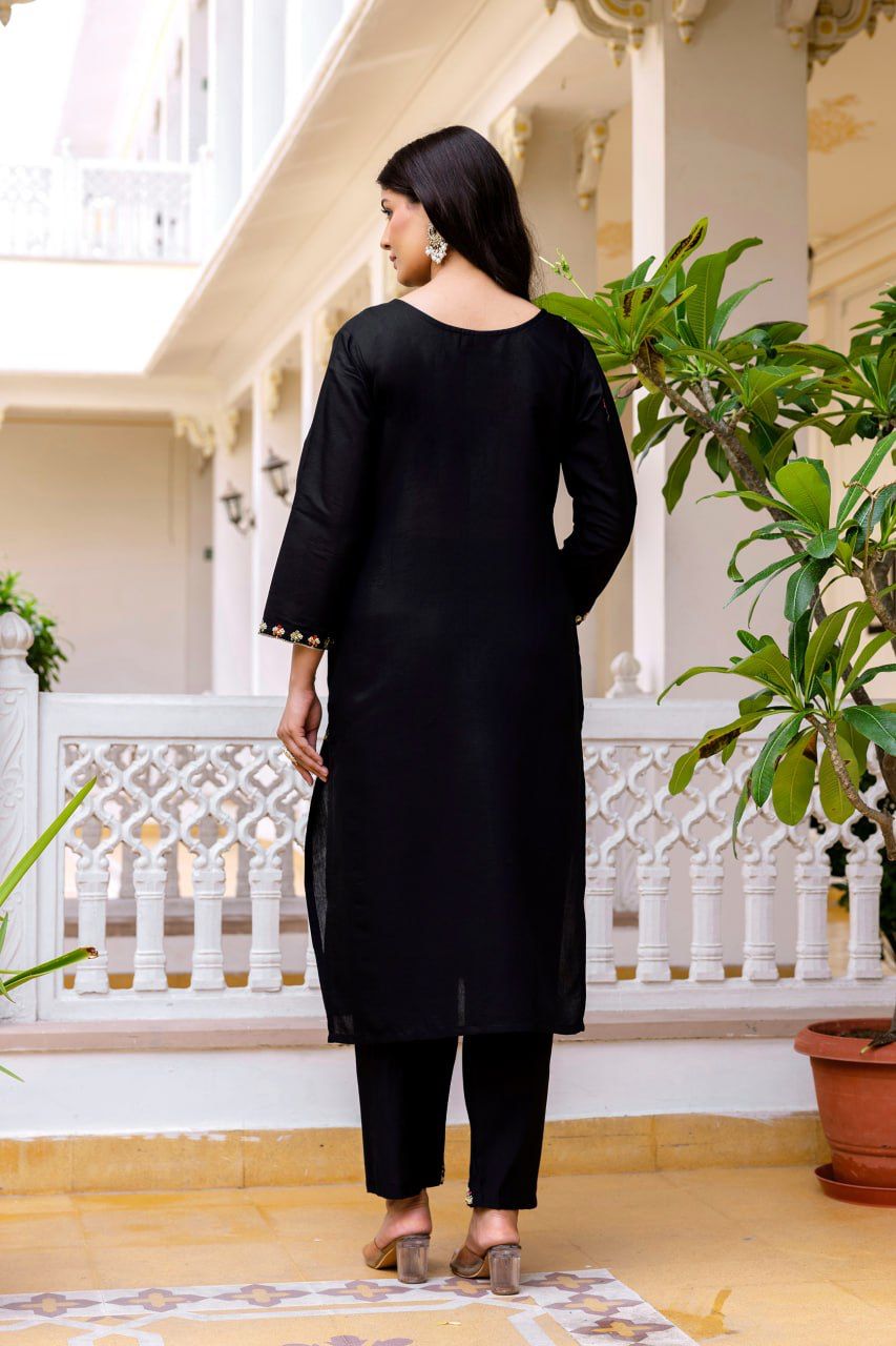 Black Embroidered V-Neck Kurti Pant