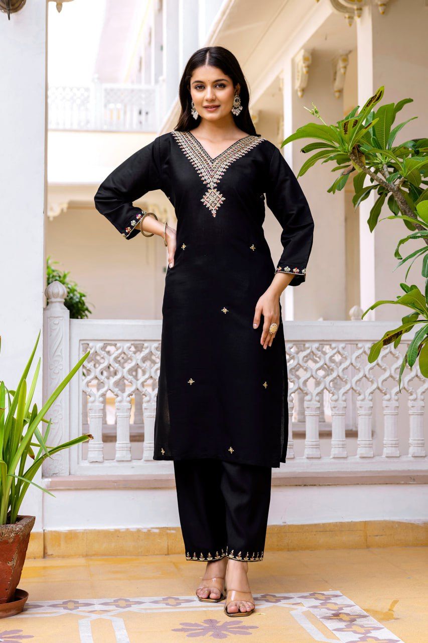 Black Embroidered V-Neck Kurti Pant