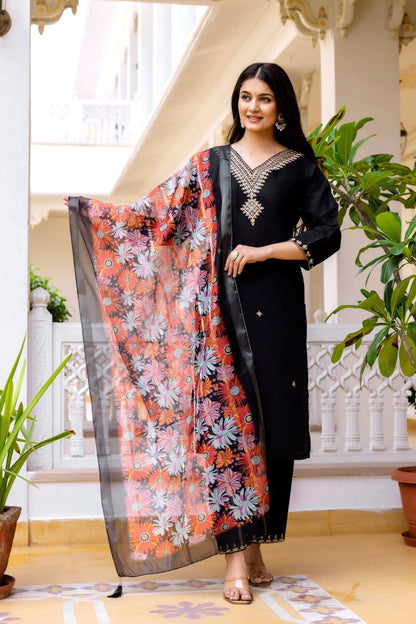 Black Embroidered V-Neck Kurti Pant