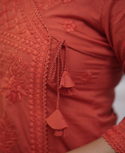 Rust Orange Embroidered Straight Kurti