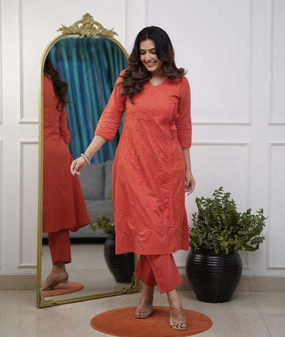 Rust Orange Embroidered Straight Kurti