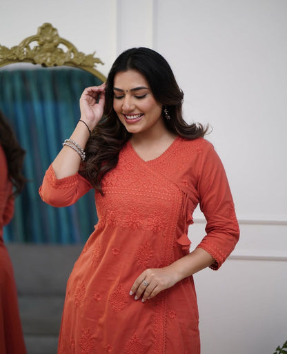 Rust Orange Embroidered Straight Kurti
