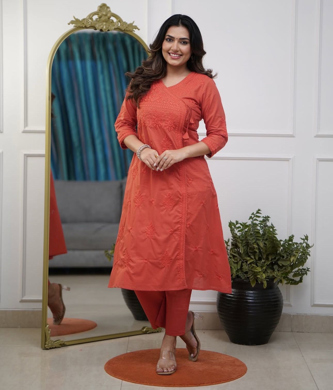 Rust Orange Embroidered Straight Kurti