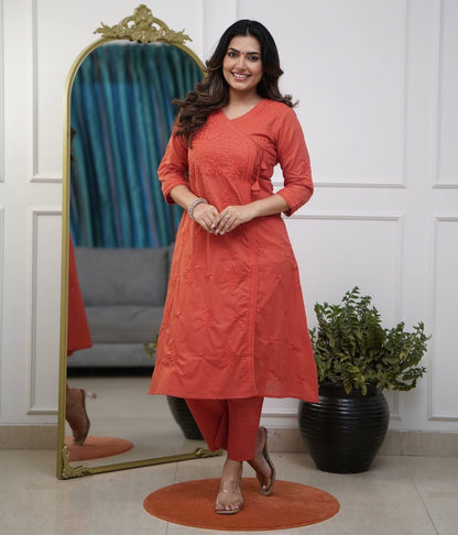 Rust Orange Embroidered Straight Kurti