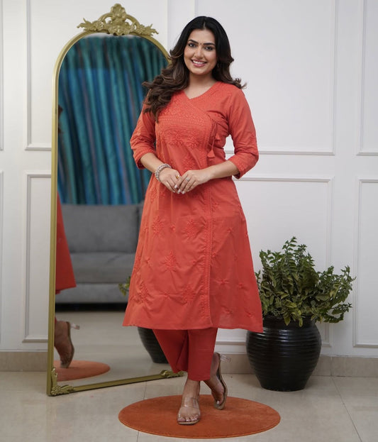 Rust Orange Embroidered Straight Kurti
