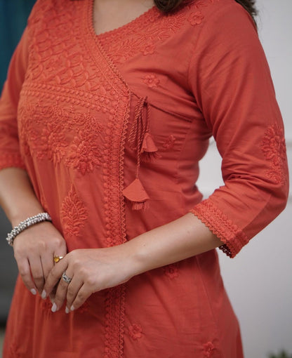 Rust Orange Embroidered Straight Kurti