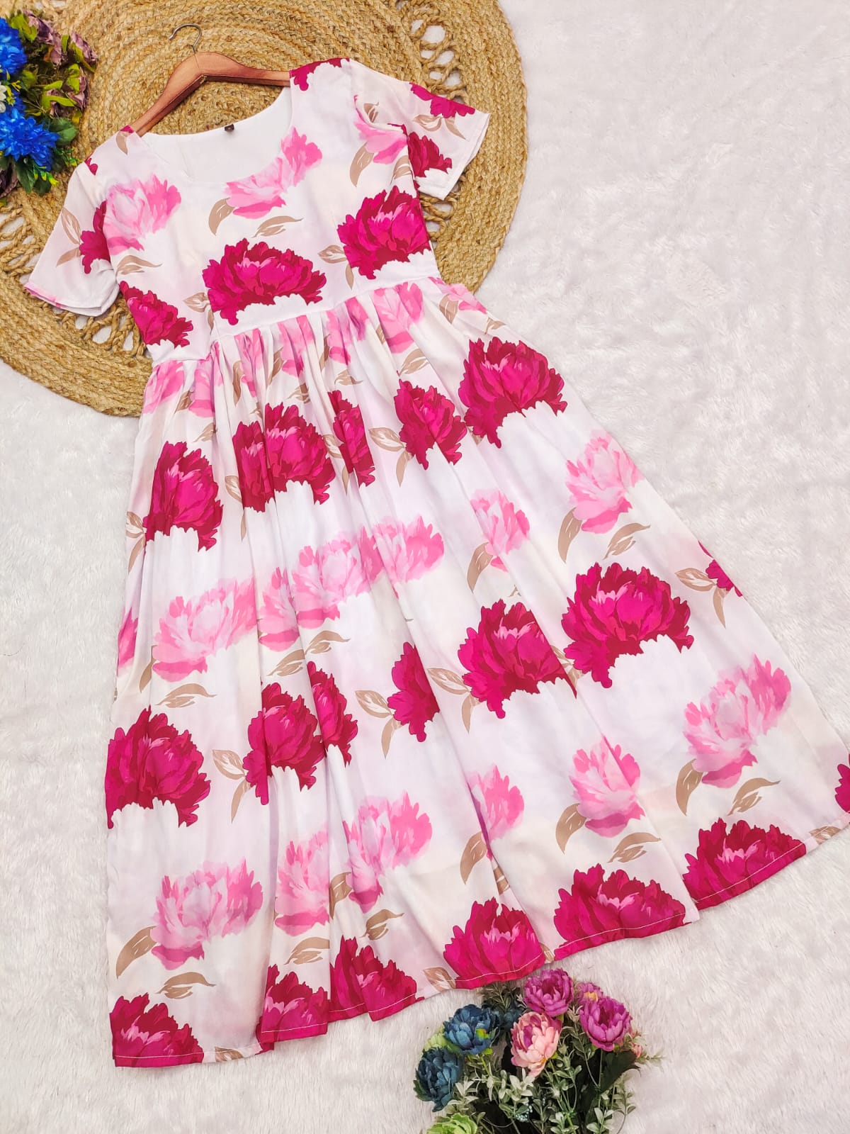 Pink Bloom Floral A-Line Midi Dress