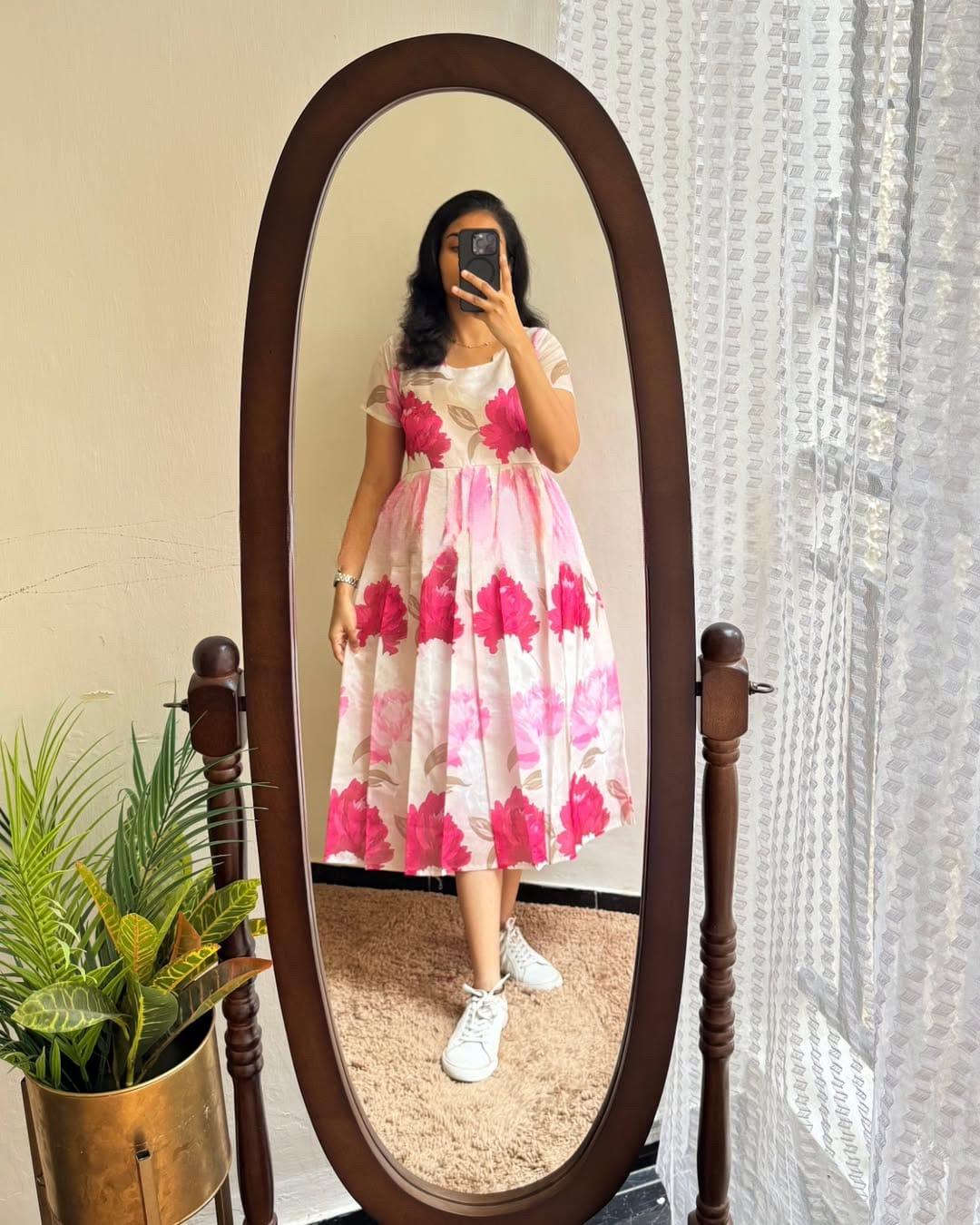 Pink Bloom Floral A-Line Midi Dress