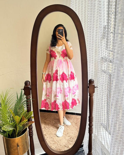 Pink Bloom Floral A-Line Midi Dress
