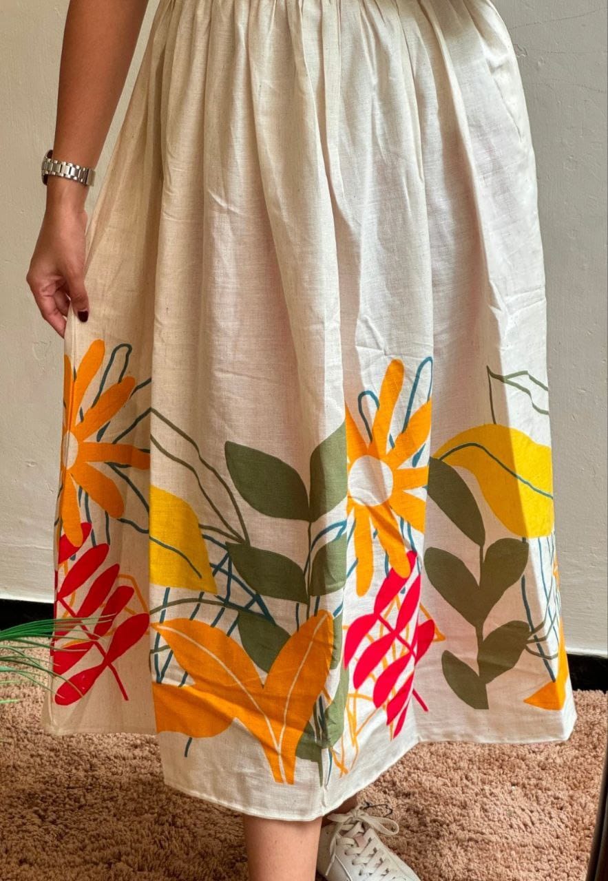 White Meadow Flower Print Flared Dress