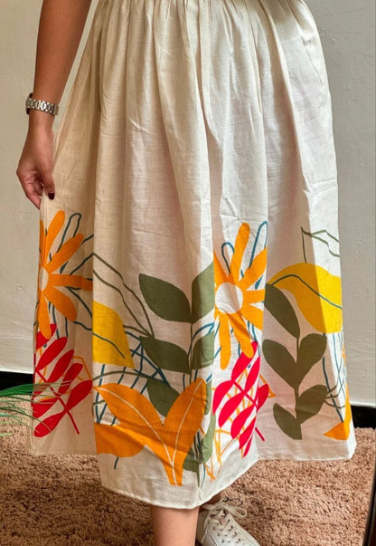 White Meadow Flower Print Flared Dress