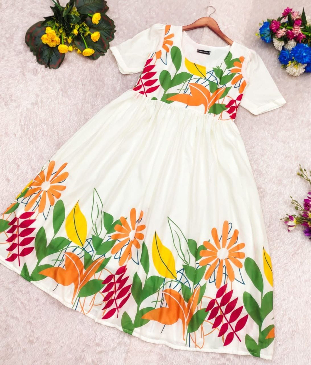 White Meadow Flower Print Flared Dress