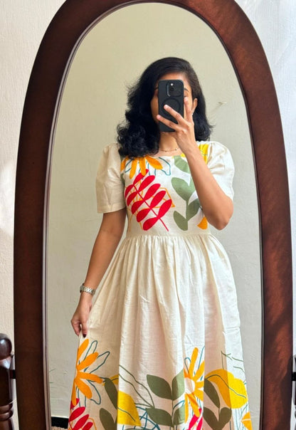 White Meadow Flower Print Flared Dress
