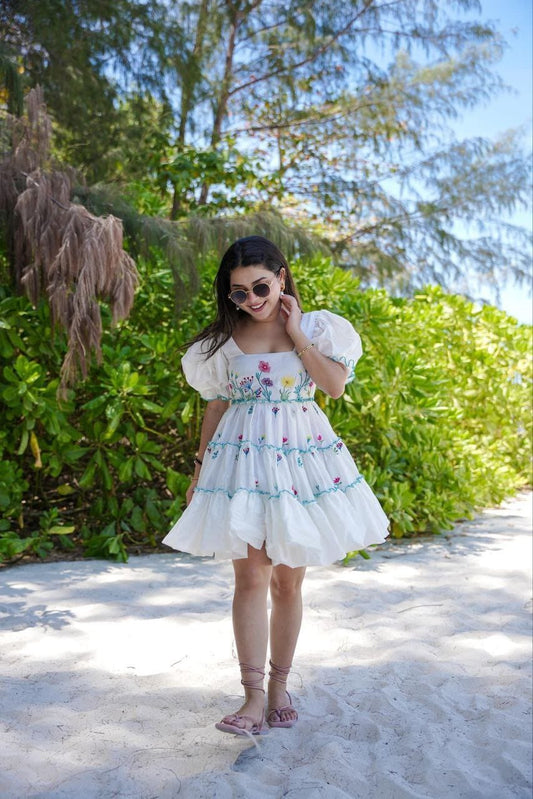 White Floral Embroidered Puff-Sleeve Dress