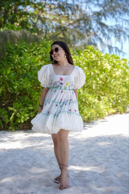 White Floral Embroidered Puff-Sleeve Dress