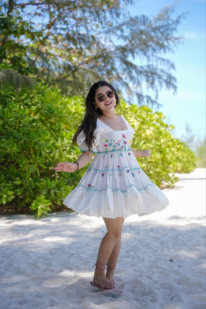 White Floral Embroidered Puff-Sleeve Dress