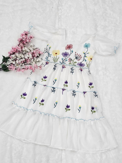 White Floral Embroidered Puff-Sleeve Dress
