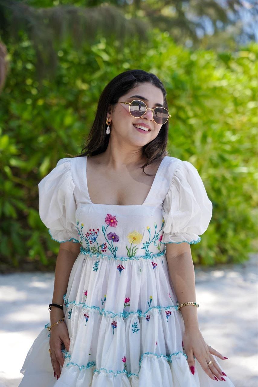 White Floral Embroidered Puff-Sleeve Dress