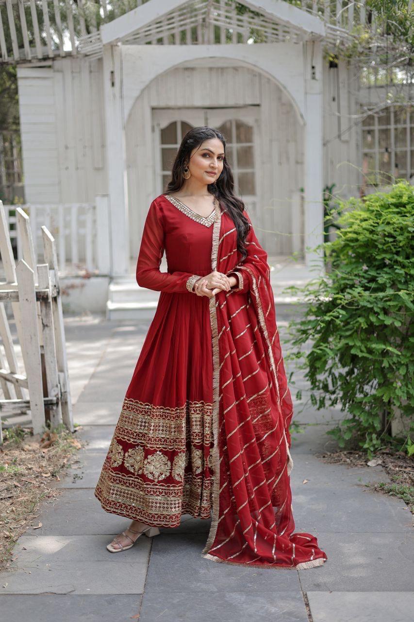 Royal Maroon Zari Embroidered Gown