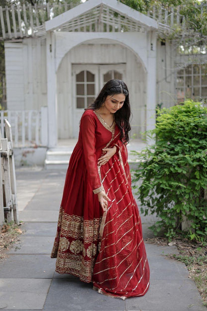 Royal Maroon Zari Embroidered Gown