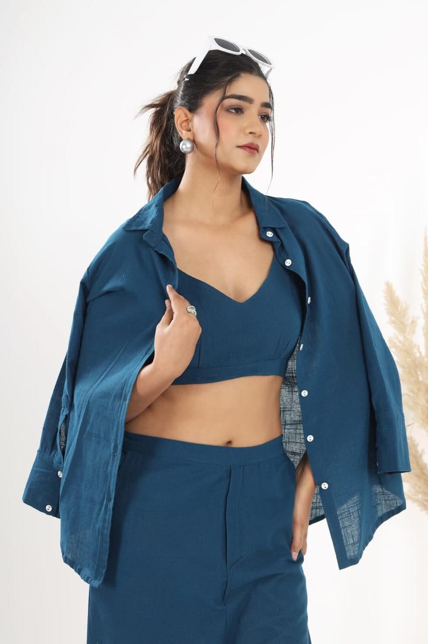 Teal Blue Cotton Western 3 Piece Co-Ord Set