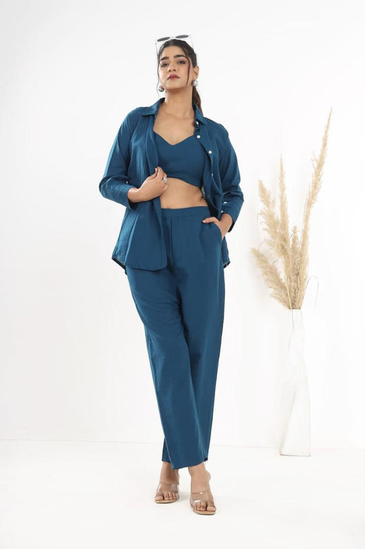 Teal Blue Cotton Western 3 Piece Co-Ord Set