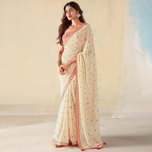 Off White Printed Banglori Silk Saree