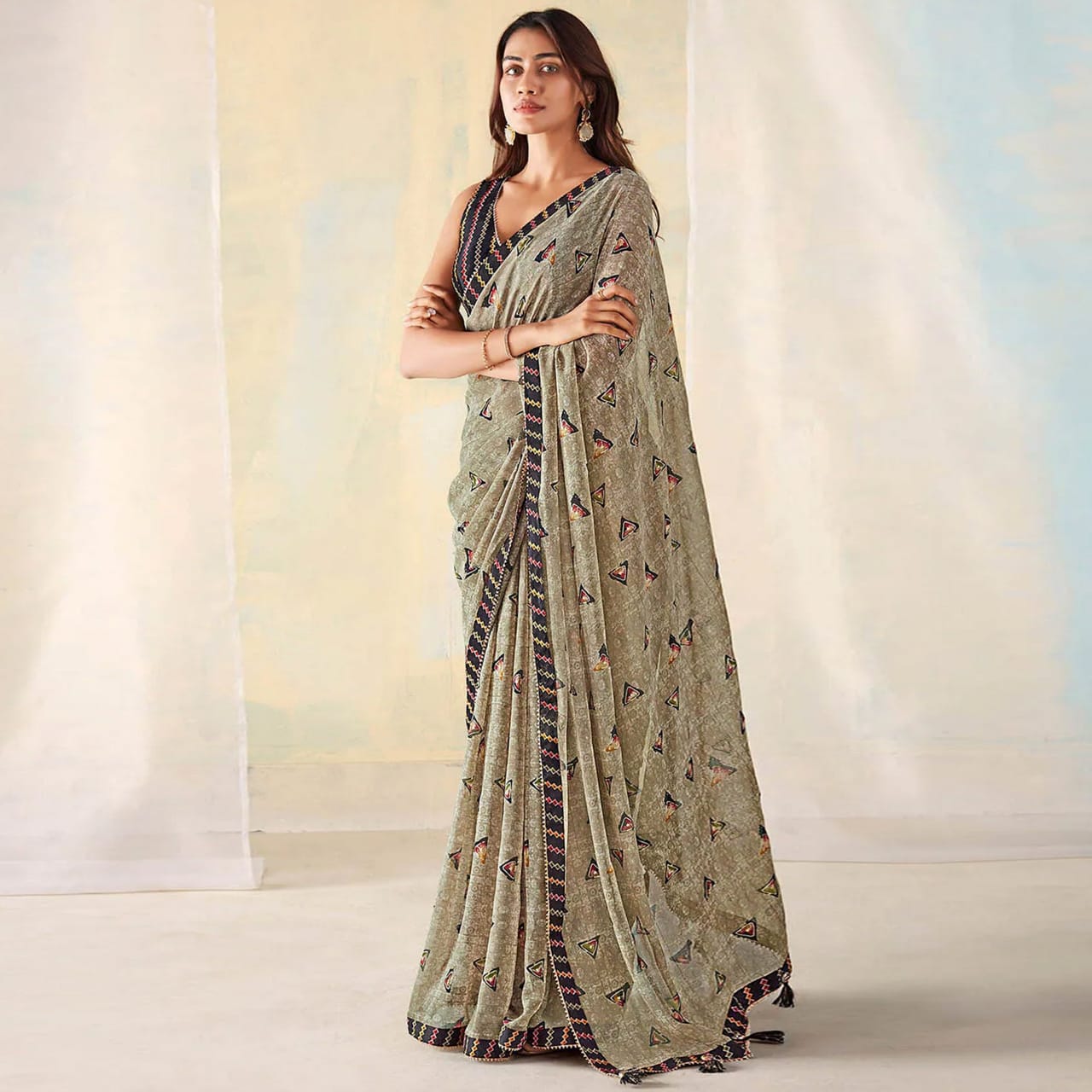 Grey Georgette Pattern Designs Fancy Saree