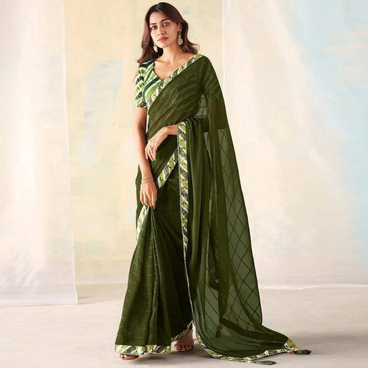 Dark Green Bright Silk Saree with Lace Work