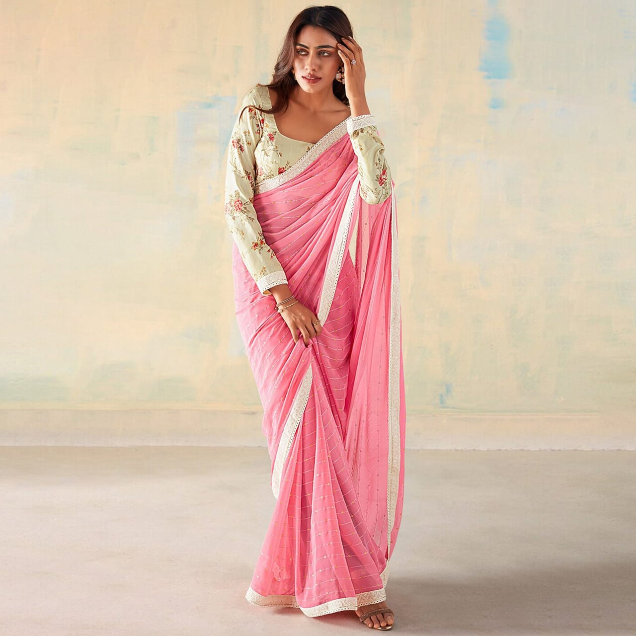 Pink Cheks Georgette with Lace work Saree