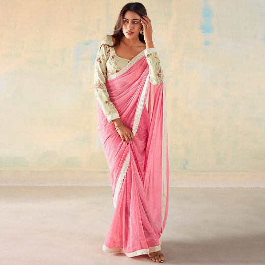 Pink Cheks Georgette with Lace work Saree