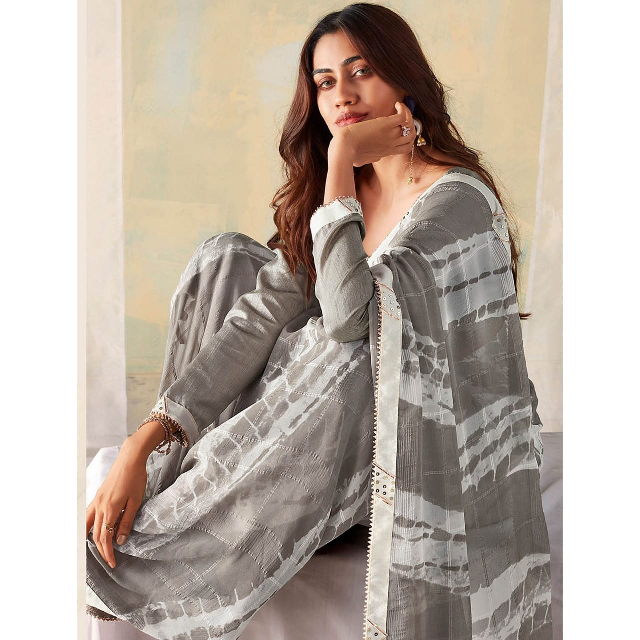 Grey Georgette Silk Saree with Samosa Lace