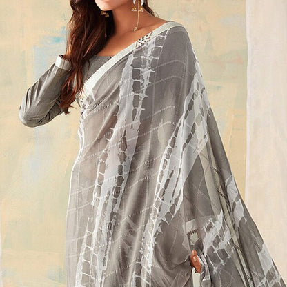 Grey Georgette Silk Saree with Samosa Lace