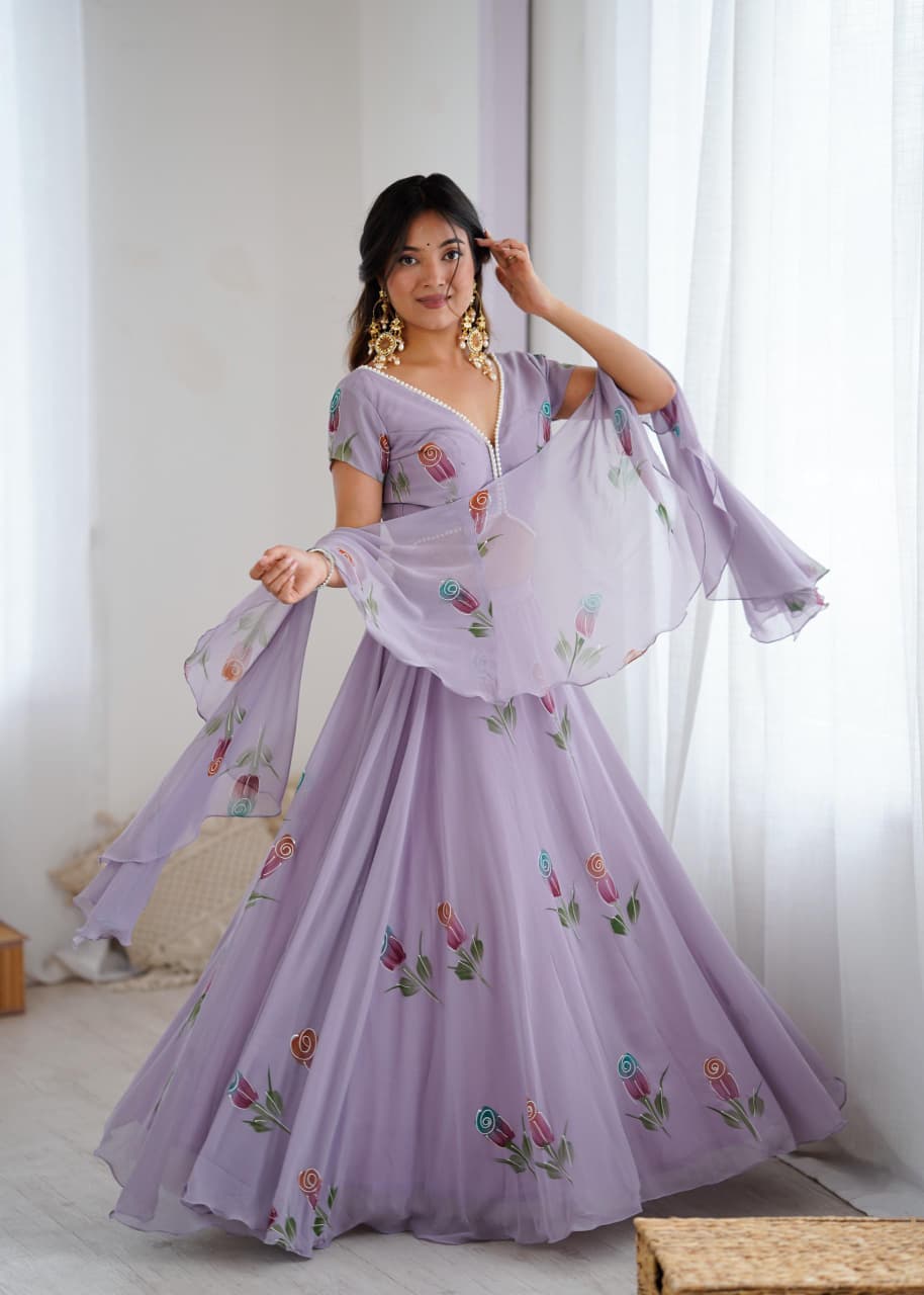 Purple Pure Georgette Hand Painted Lehenga