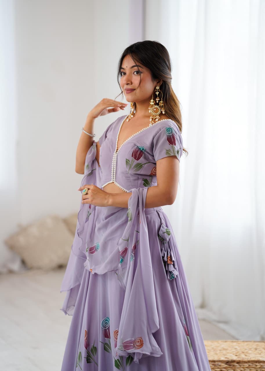 Purple Pure Georgette Hand Painted Lehenga