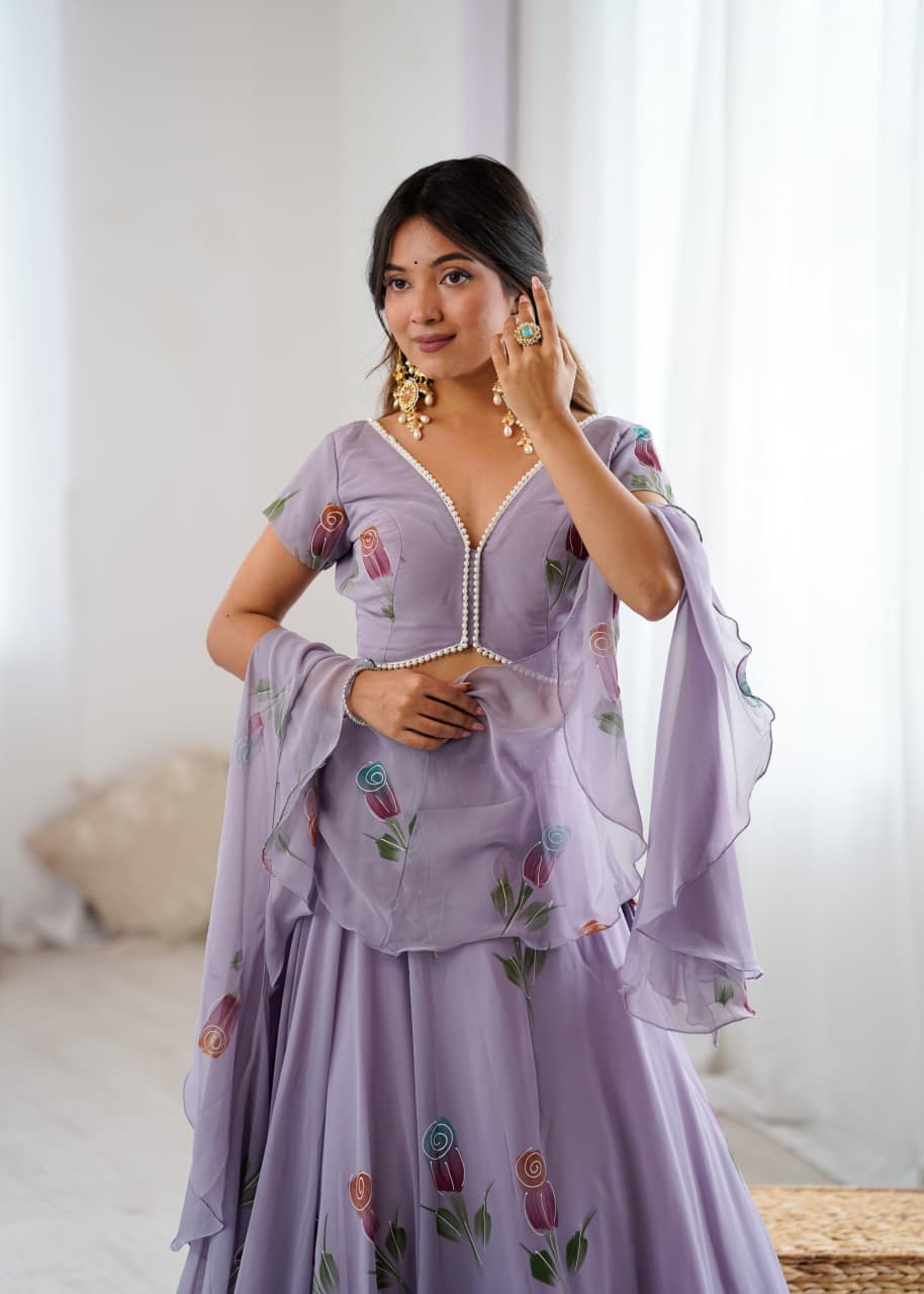 Purple Pure Georgette Hand Painted Lehenga