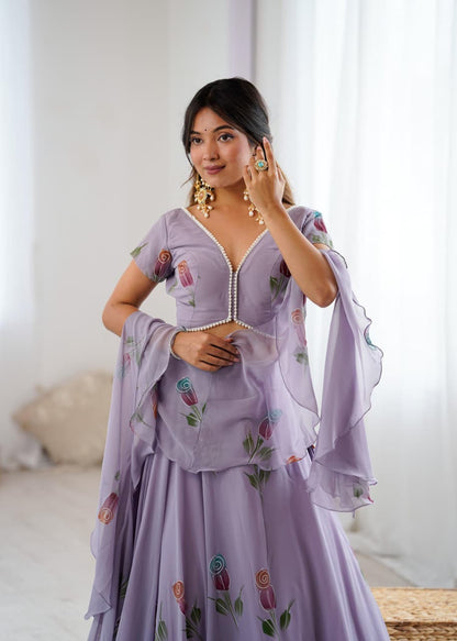 Purple Pure Georgette Hand Painted Lehenga